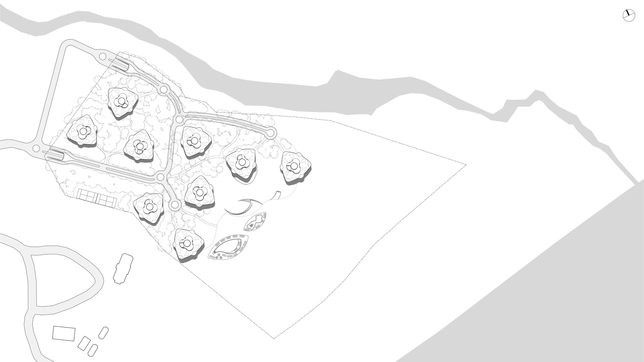 La Reserva. Site plan showing layout of nine residential buildings and beach resort.