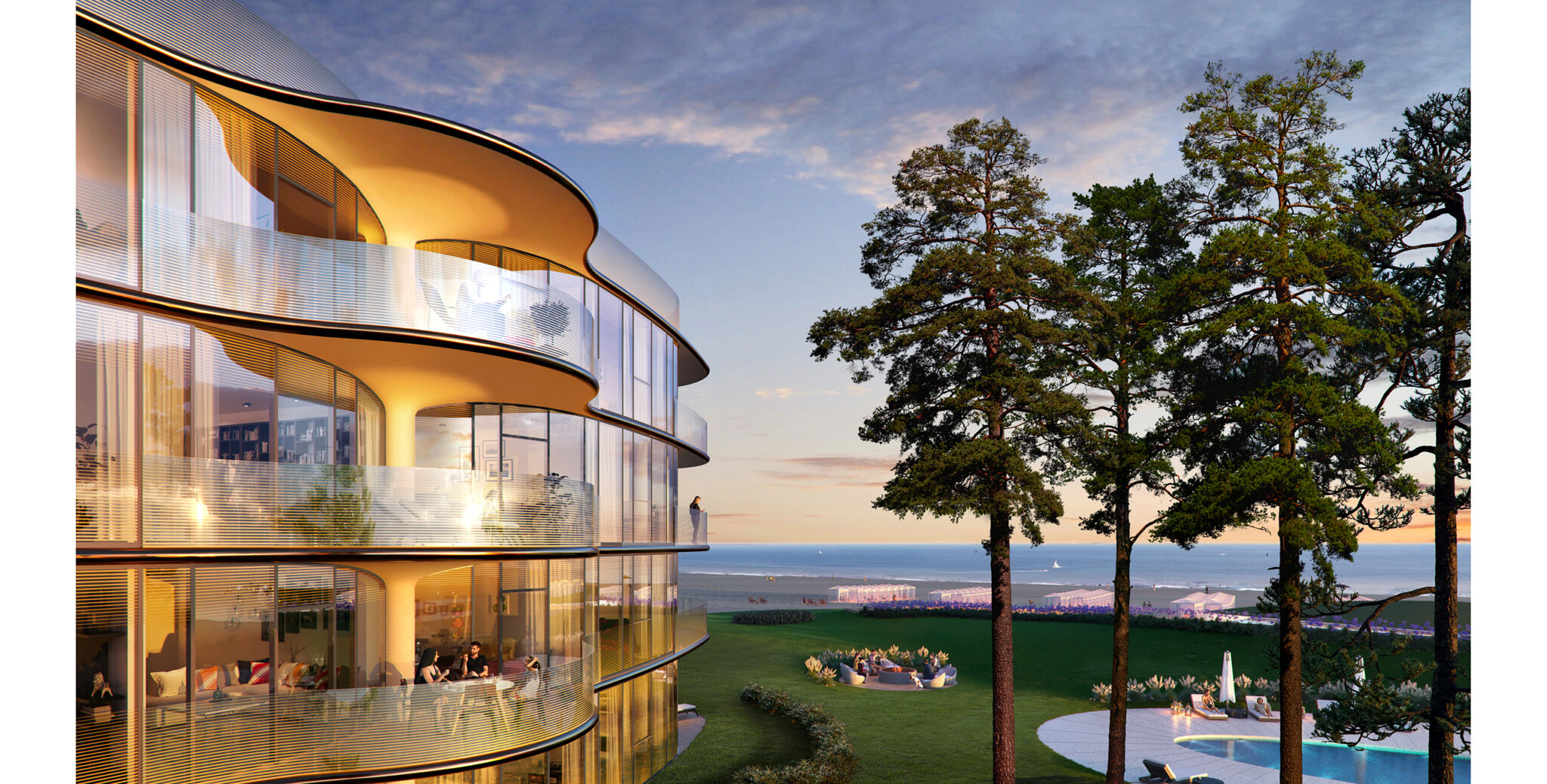 La Reserva. View towards the ocean at sunset showing the spacious and fluid terraces.