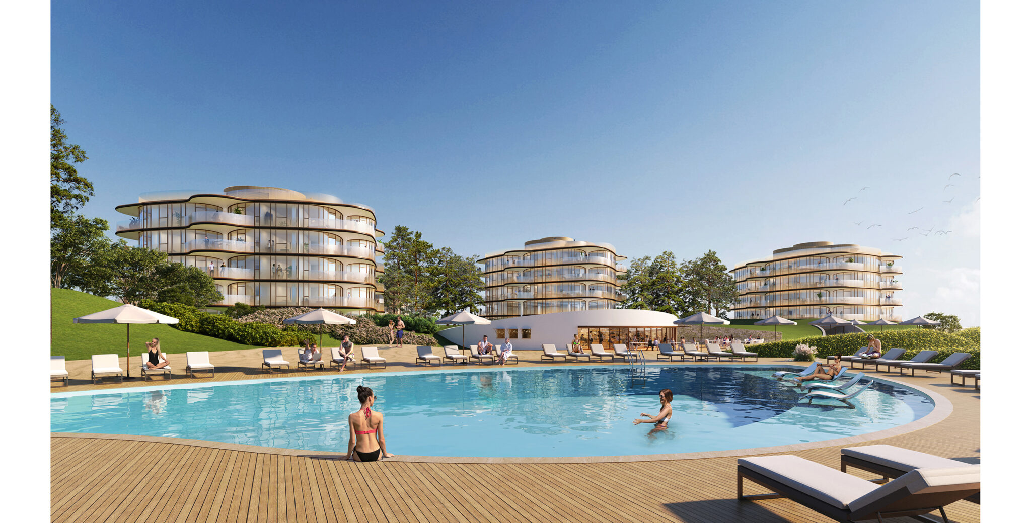 La Reserva. Beachfront buildings seen from the gracious adult’s pool.